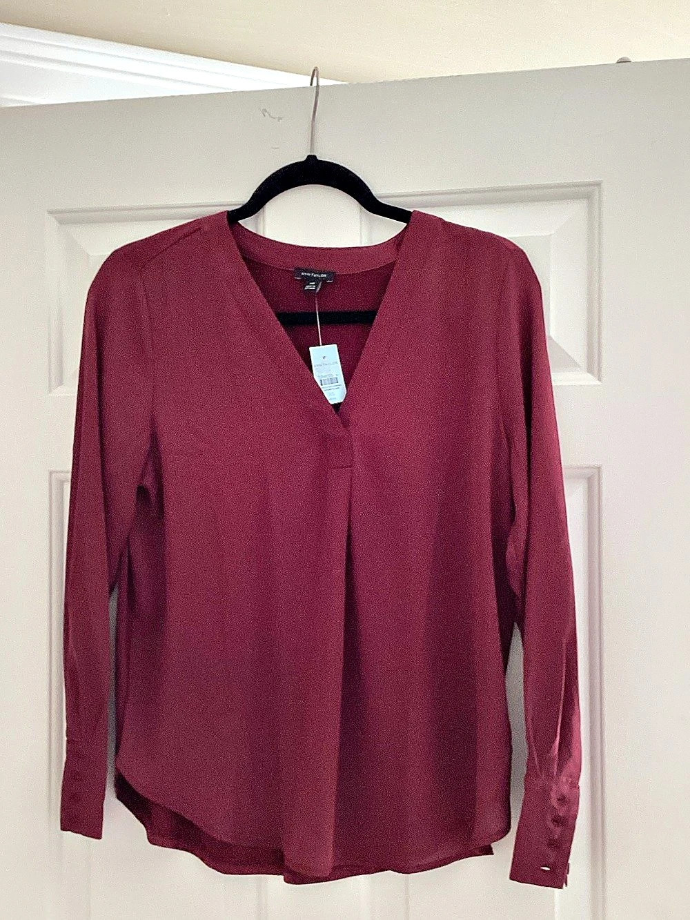 Ann Taylor Mixed Media Pleat Front Top Burgundy NWT
